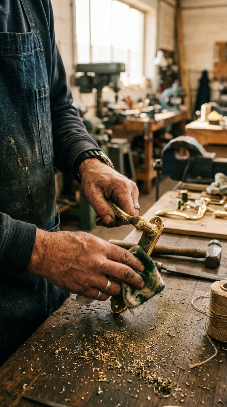 Craftsman polishing a brass door handle